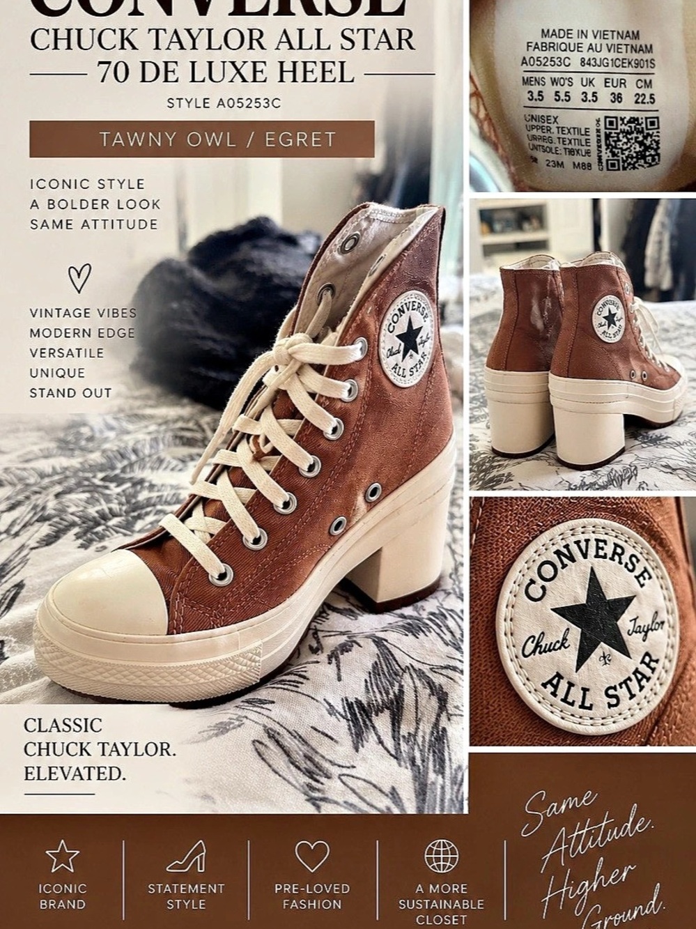 Converse Chuck Taylor All Star 70 De Luxe Heel Platform Heels Brown & Cream US
